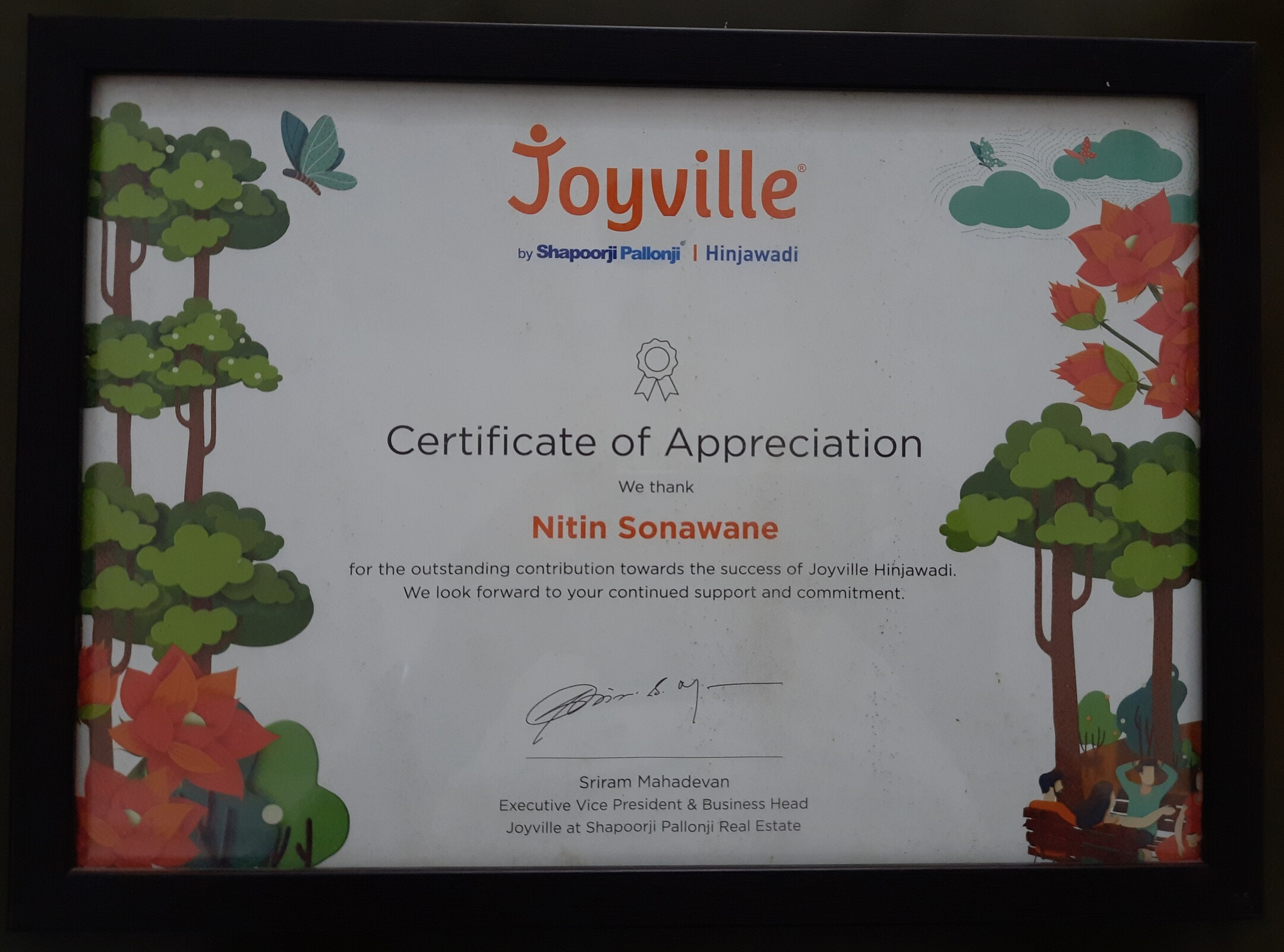 Appreciation from Shapoorji Pallonji Joyville Virar