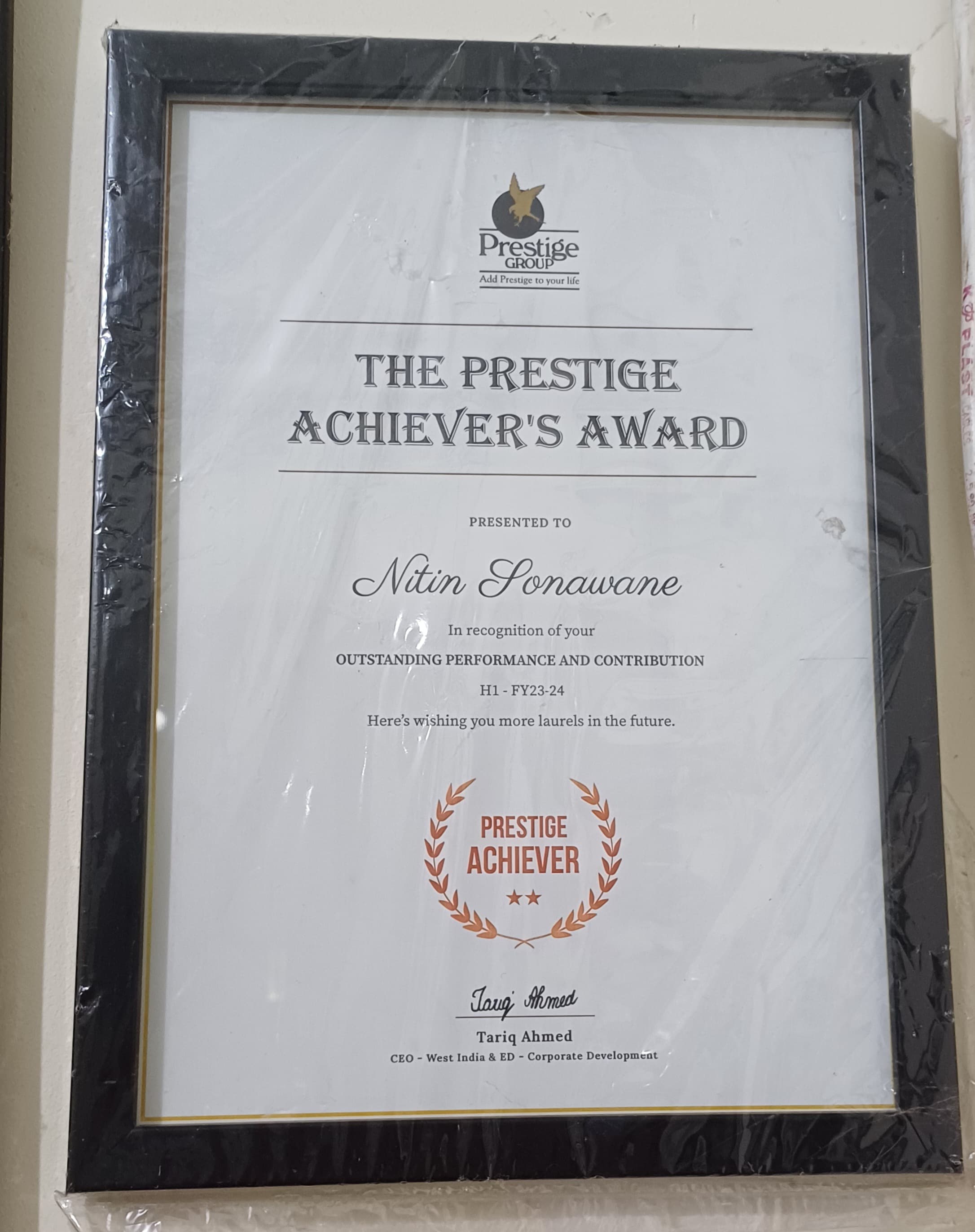 Award from Shapoorji Pallonji Developers