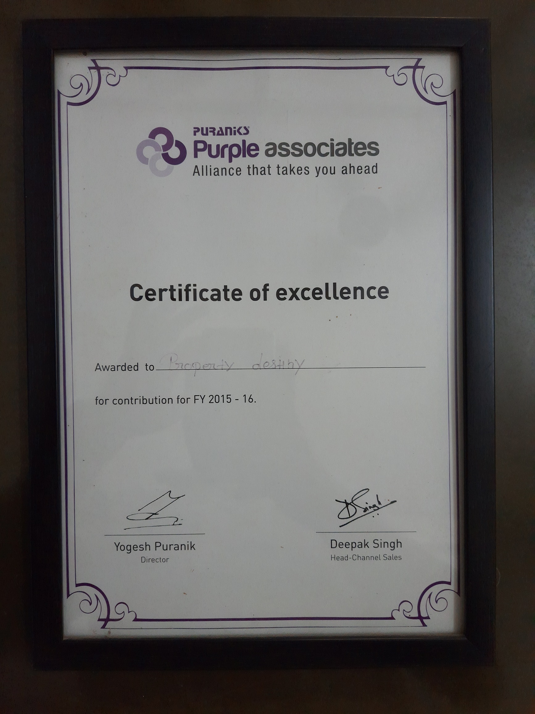 Appreciation from Puranik Purple