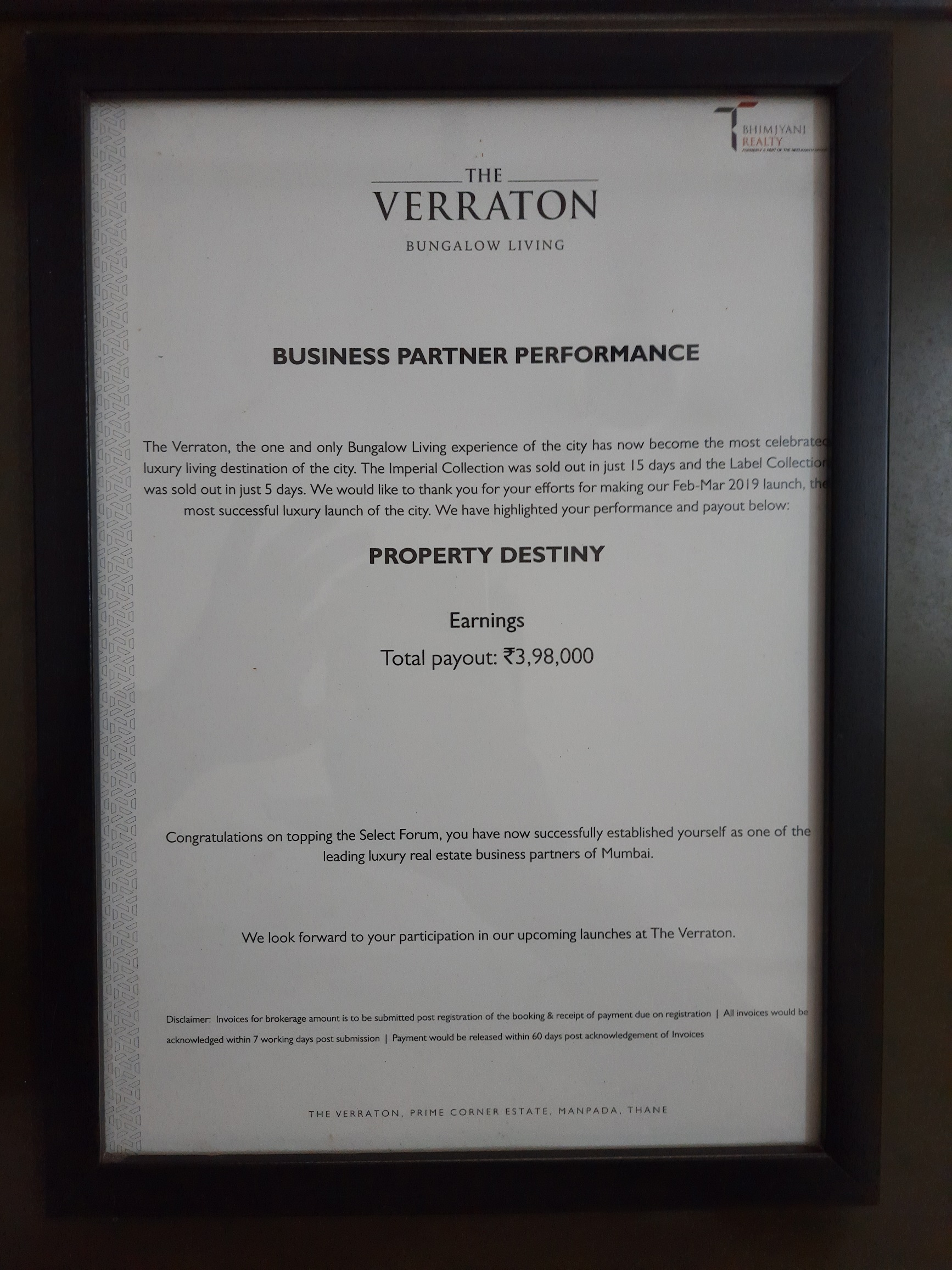 Appreciation from T Bhimjyani Realty